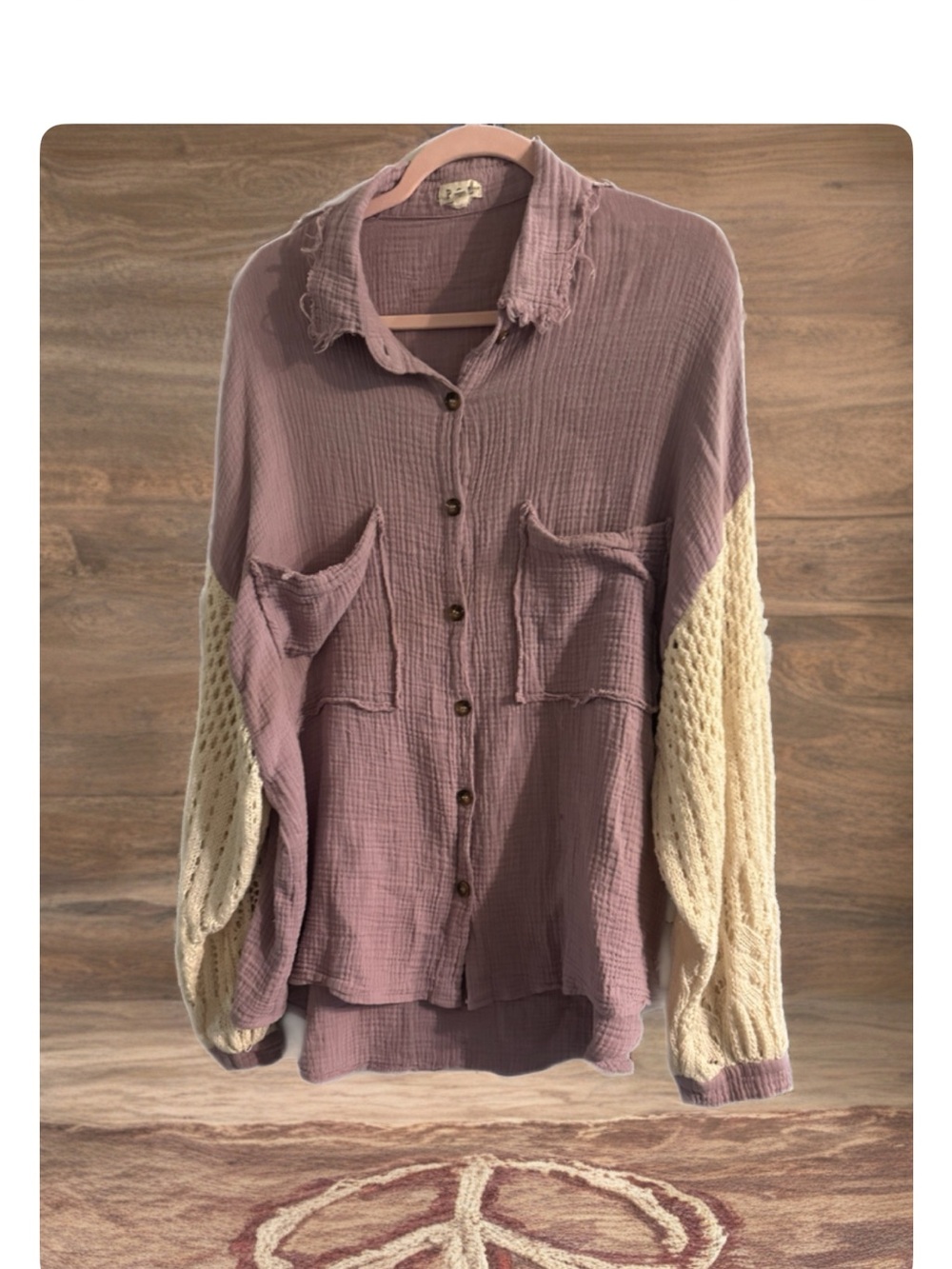 POL Mauve Button-Front Gauze Shirt with Cream Knit Sleeves